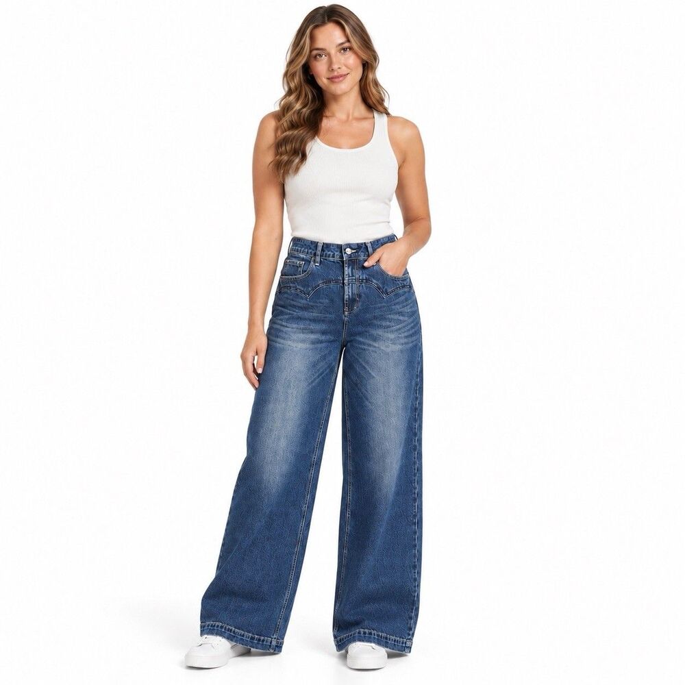 Flamingals Straight Leg Jeans Large Blue Western Yoke Stretch Denim 32W 31.5L